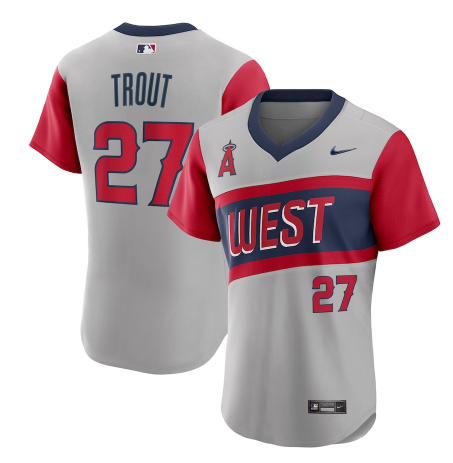 Men's Los Angeles Angels #27 Mike Trout 2021 Grey Little League Classic Road Flex Base Stitched MLB Jersey Men's Los Angeles Angels #27 Mike Trout 2021 Grey Little League Classic Road Flex Base Stitched MLB Jersey